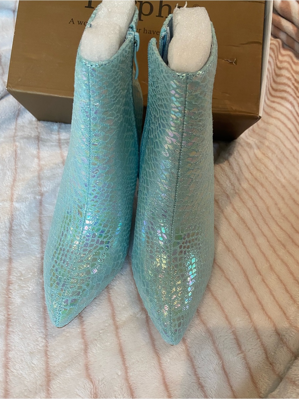 Iridescent Aqua Pointed Toe Ankle Booties - Women